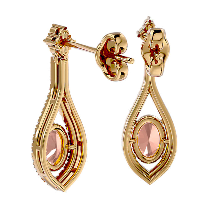 2 Carat Oval Shape Morganite Earrings and Diamond Dangles In 14 Karat Yellow Gold