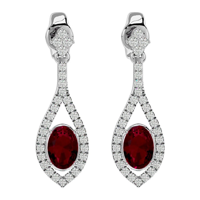 2 1/2 Carat Oval Shape Ruby and Diamond Dangle Earrings In 14 Karat White Gold
