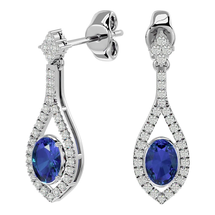 2 1/2 Carat Oval Shape Tanzanite and Diamond Dangle Earrings In 14 Karat White Gold