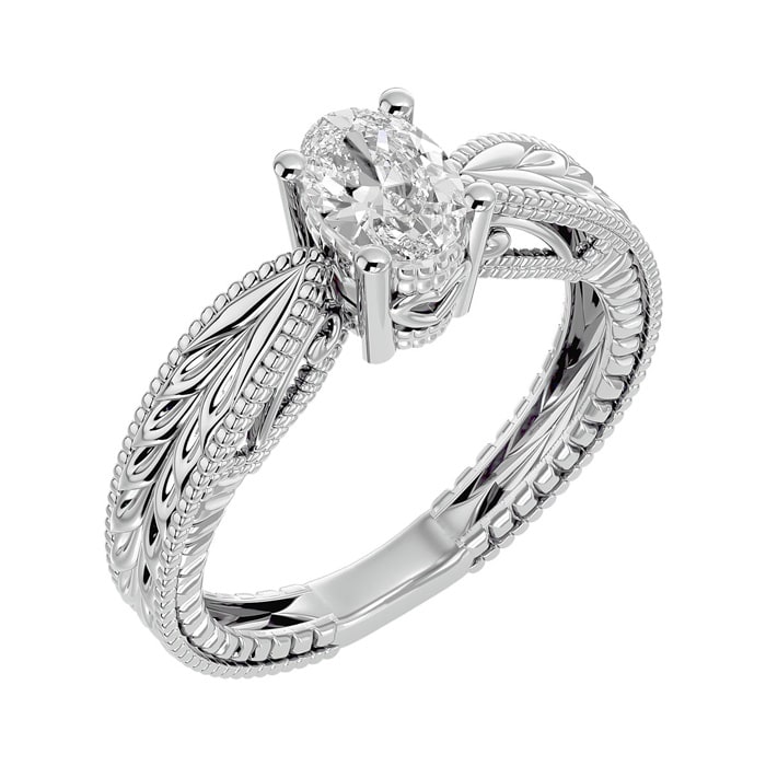 3/4 Carat Oval Shape Diamond Solitaire Engagement Ring with Tapered Etched Band In 14 Karat White Gold