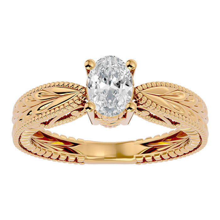 3/4 Carat Oval Shape Diamond Solitaire Engagement Ring with Tapered Etched Band In 14 Karat Yellow Gold