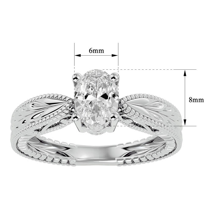 1 Carat Oval Shape Diamond Solitaire Engagement Ring with Tapered Etched Band In 14 Karat White Gold