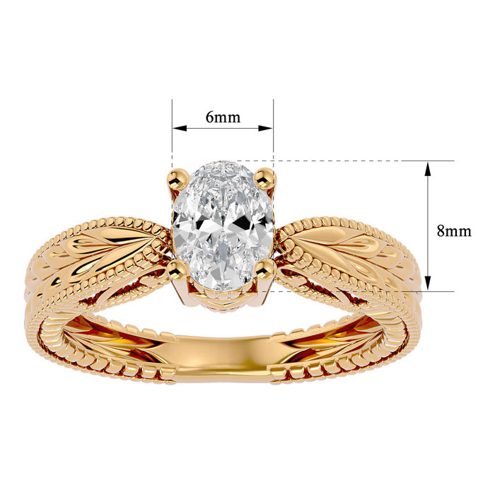 1 Carat Oval Shape Diamond Solitaire Engagement Ring with Tapered Etched Band In 14 Karat Yellow Gold