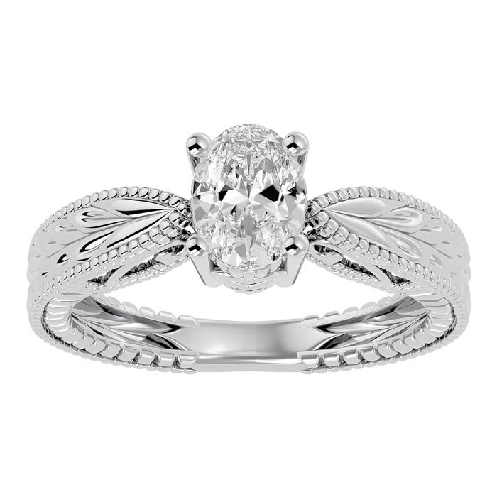 1 Carat Oval Shape Diamond Solitaire Engagement Ring with Tapered Etched Band In 14 Karat White Gold