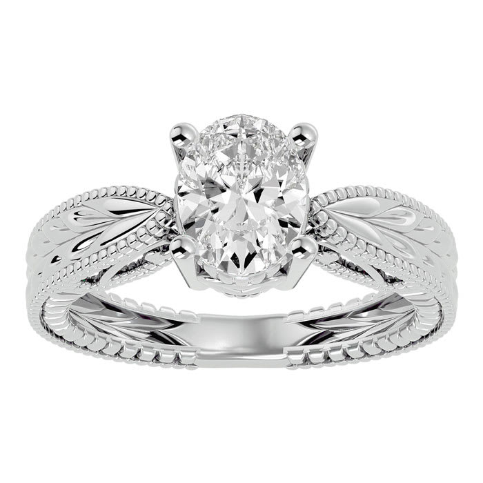 1 1/2 Carat Oval Shape Diamond Solitaire Engagement Ring with Tapered Etched Band In 14 Karat White Gold