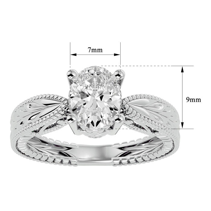 1 1/2 Carat Oval Shape Diamond Solitaire Engagement Ring with Tapered Etched Band In 14 Karat White Gold