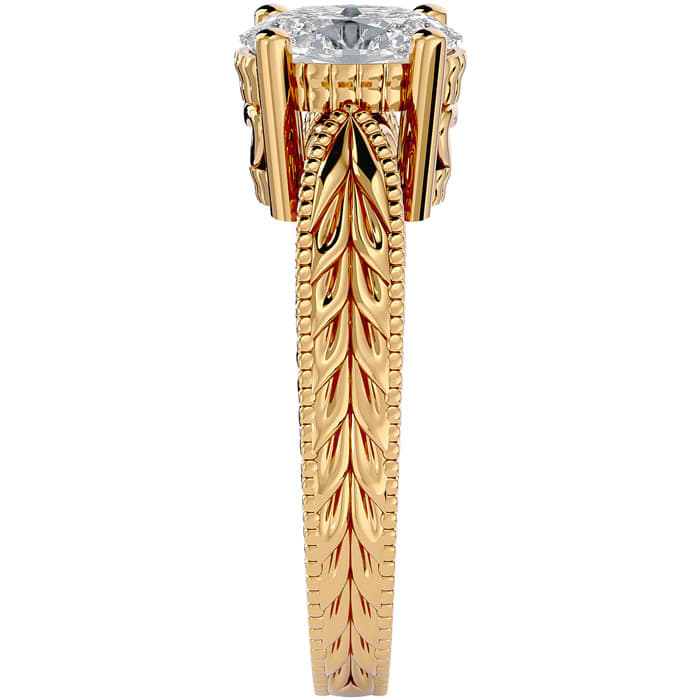 1 1/2 Carat Oval Shape Diamond Solitaire Engagement Ring with Tapered Etched Band In 14 Karat Yellow Gold