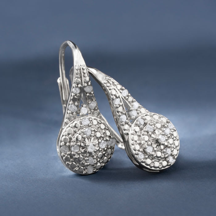 Diamond Drop Earrings: Nearly 1/2 Carat Diamond Double Halo Leverback Hoop Earrings, 3/4 Inch.  Beautiful Shiny New Style!
