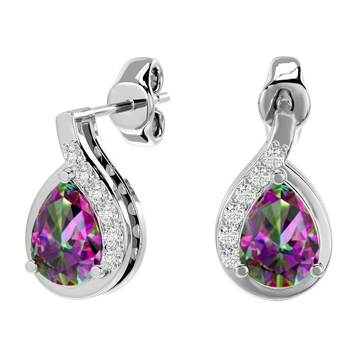 1 1/3 Carat Mystic Topaz and Diamond Pear Shape Stud Earrings In 14 Karat White Gold 