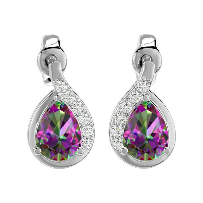 1 1/3 Carat Mystic Topaz and Diamond Pear Shape Stud Earrings In 14 Karat White Gold 