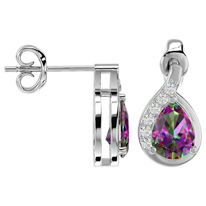 1 1/3 Carat Mystic Topaz and Diamond Pear Shape Stud Earrings In 14 Karat White Gold 