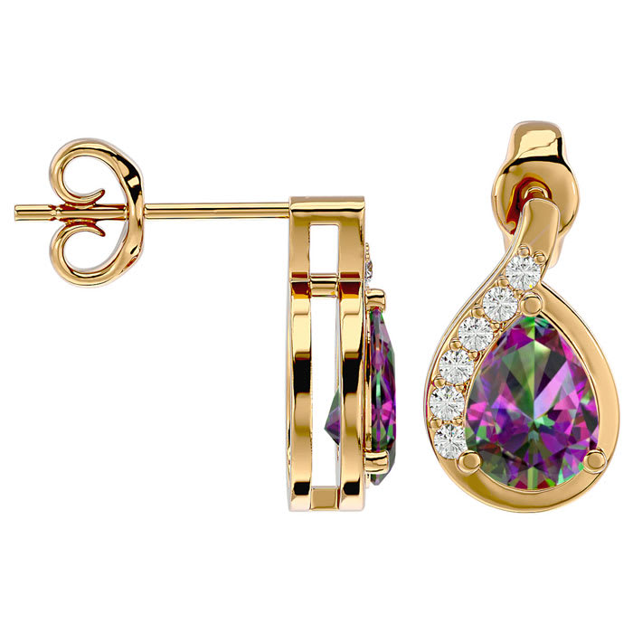 1 1/3 Carat Mystic Topaz and Diamond Pear Shape Stud Earrings In 14 Karat Yellow Gold 