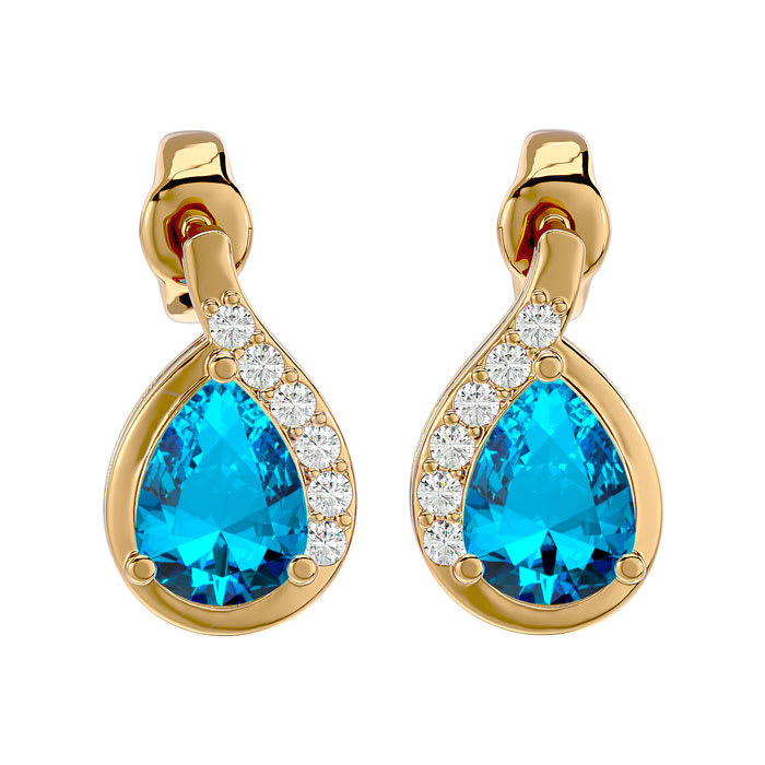 1 3/4 Carat Blue Topaz and Diamond Pear Shape Stud Earrings In 14 Karat Yellow Gold 