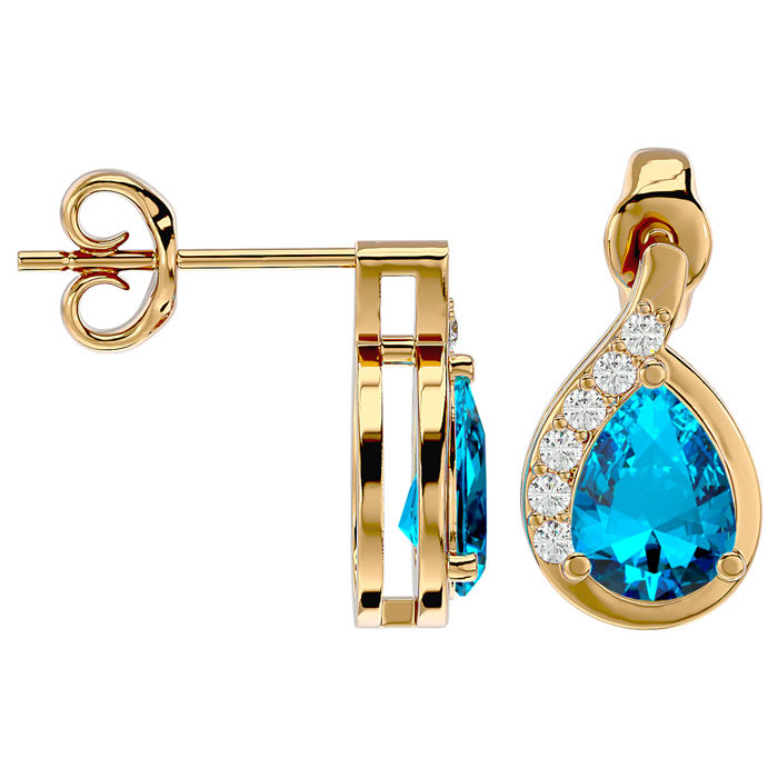 1 3/4 Carat Blue Topaz and Diamond Pear Shape Stud Earrings In 14 Karat Yellow Gold 