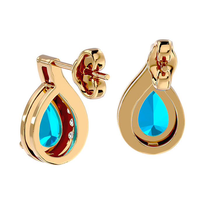 1 3/4 Carat Blue Topaz and Diamond Pear Shape Stud Earrings In 14 Karat Yellow Gold 