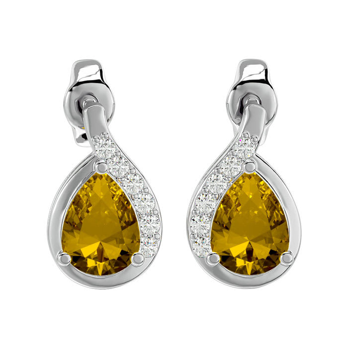 1 1/3 Carat Citrine and Diamond Pear Shape Stud Earrings In 14 Karat White Gold 