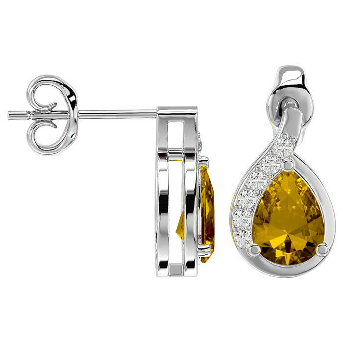 1 1/3 Carat Citrine and Diamond Pear Shape Stud Earrings In 14 Karat White Gold 
