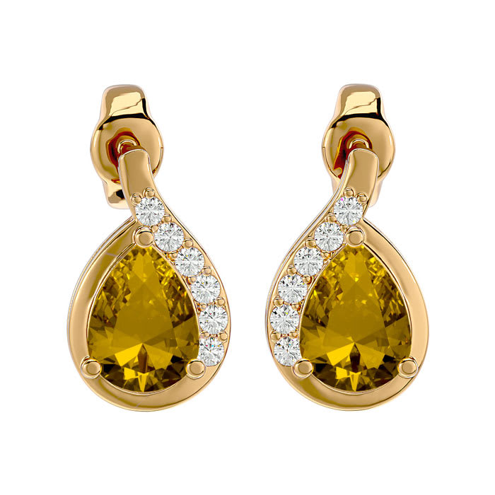1 1/3 Carat Citrine and Diamond Pear Shape Stud Earrings In 14 Karat Yellow Gold 
