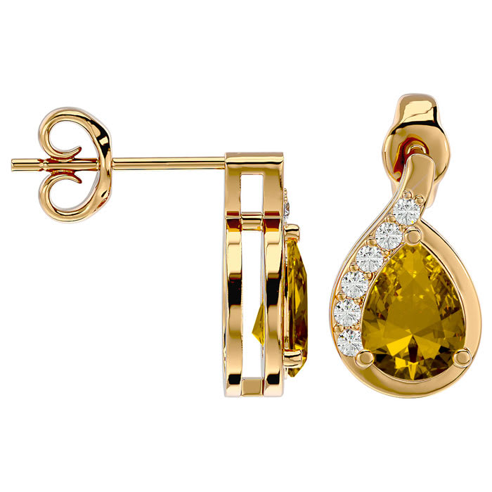 1 1/3 Carat Citrine and Diamond Pear Shape Stud Earrings In 14 Karat Yellow Gold 