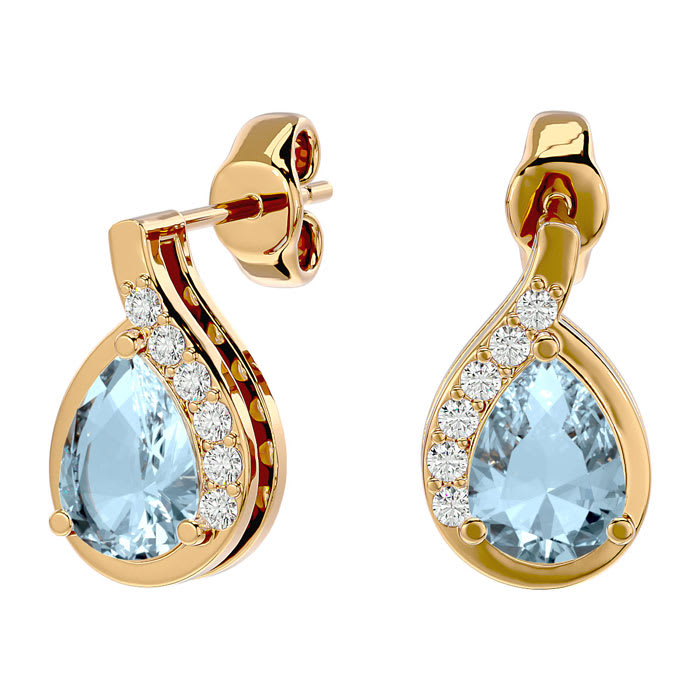 Aquamarine Earrings: Aquamarine Jewelry: 1.40 Carat Aquamarine and Diamond Pear Shape Stud Earrings In 14 Karat Yellow Gold 