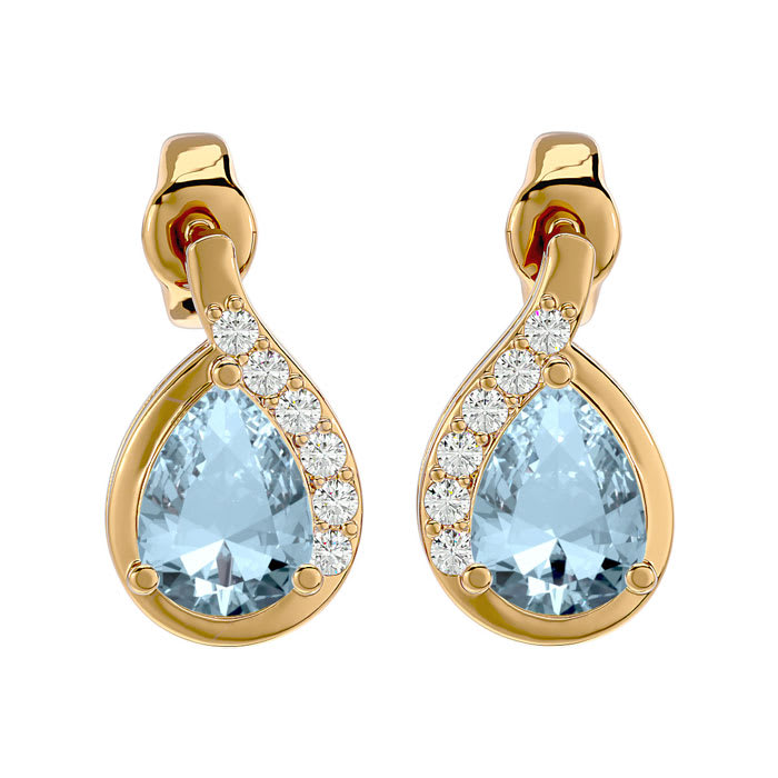 Aquamarine Earrings: Aquamarine Jewelry: 1.40 Carat Aquamarine and Diamond Pear Shape Stud Earrings In 14 Karat Yellow Gold 