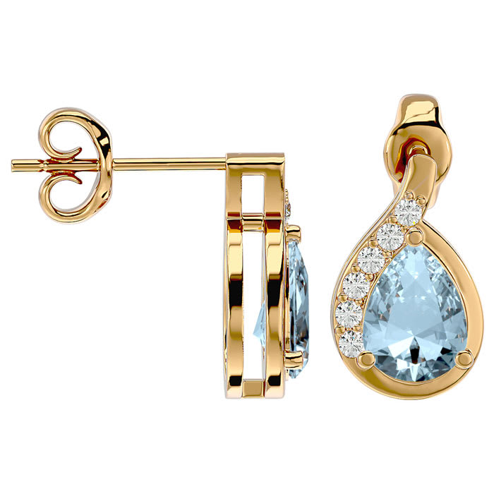 Aquamarine Earrings: Aquamarine Jewelry: 1.40 Carat Aquamarine and Diamond Pear Shape Stud Earrings In 14 Karat Yellow Gold 
