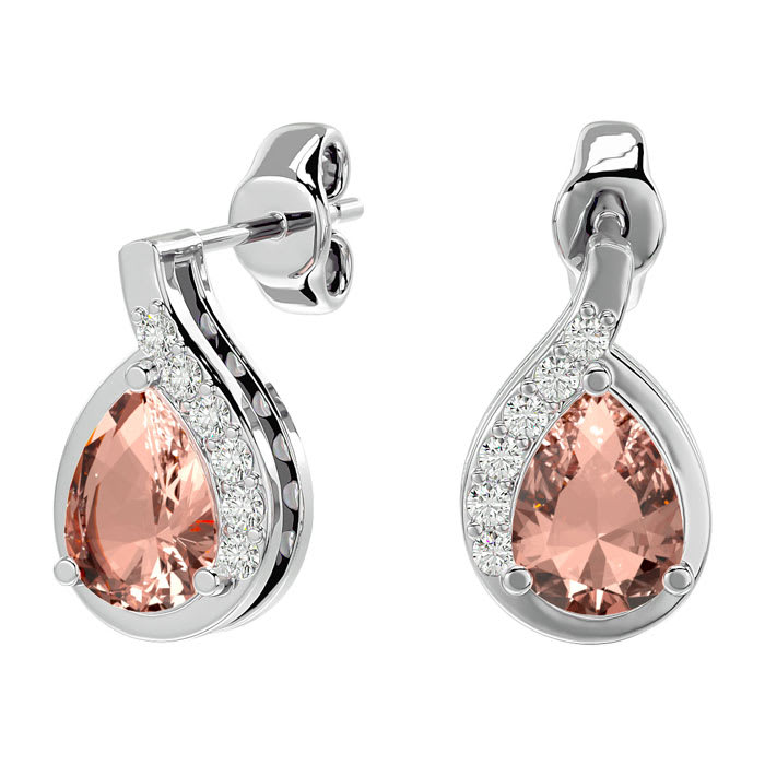 1-2/5 Carat Pear Shape Morganite Earrings and Diamond Drop In 14 Karat White Gold 