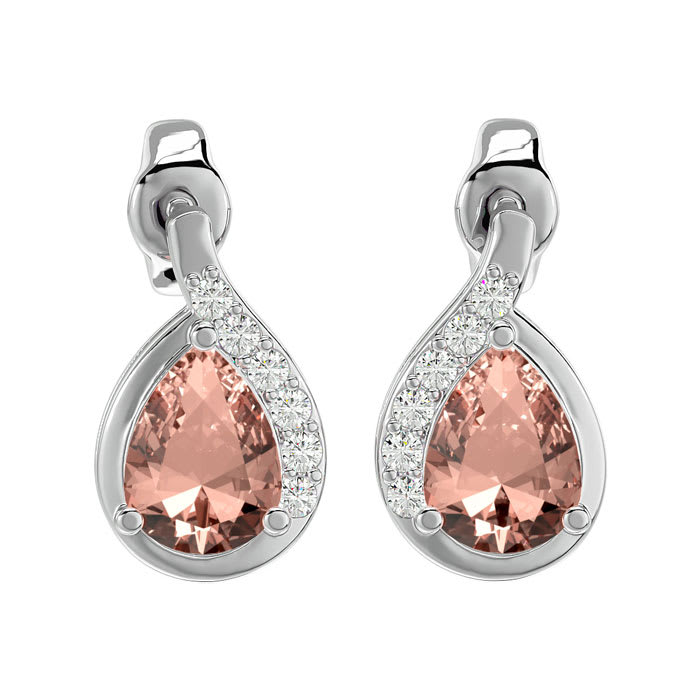 1-2/5 Carat Pear Shape Morganite Earrings and Diamond Drop In 14 Karat White Gold 