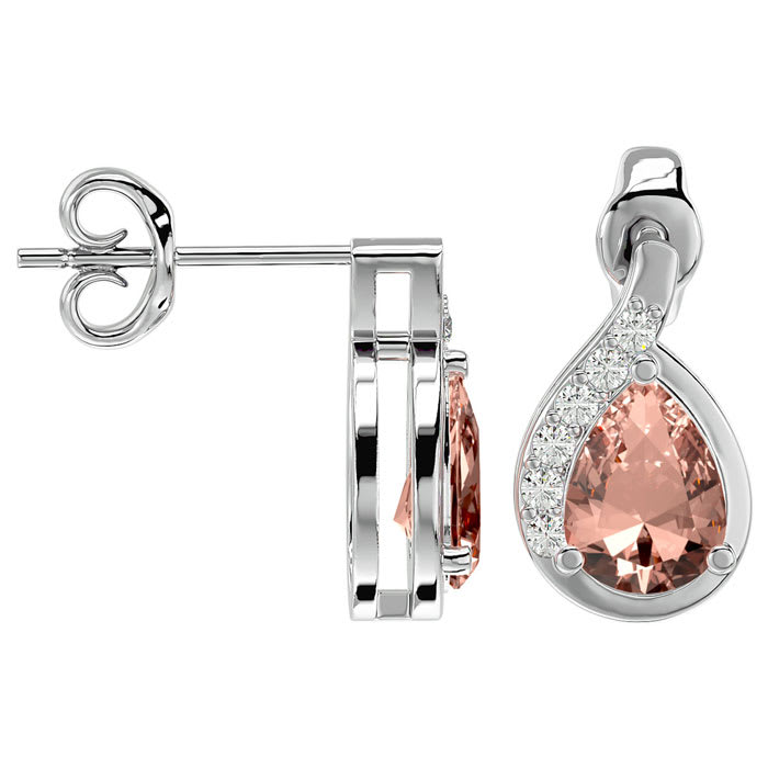 1-2/5 Carat Pear Shape Morganite Earrings and Diamond Drop In 14 Karat White Gold 