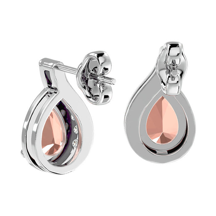 1-2/5 Carat Pear Shape Morganite Earrings and Diamond Drop In 14 Karat White Gold 