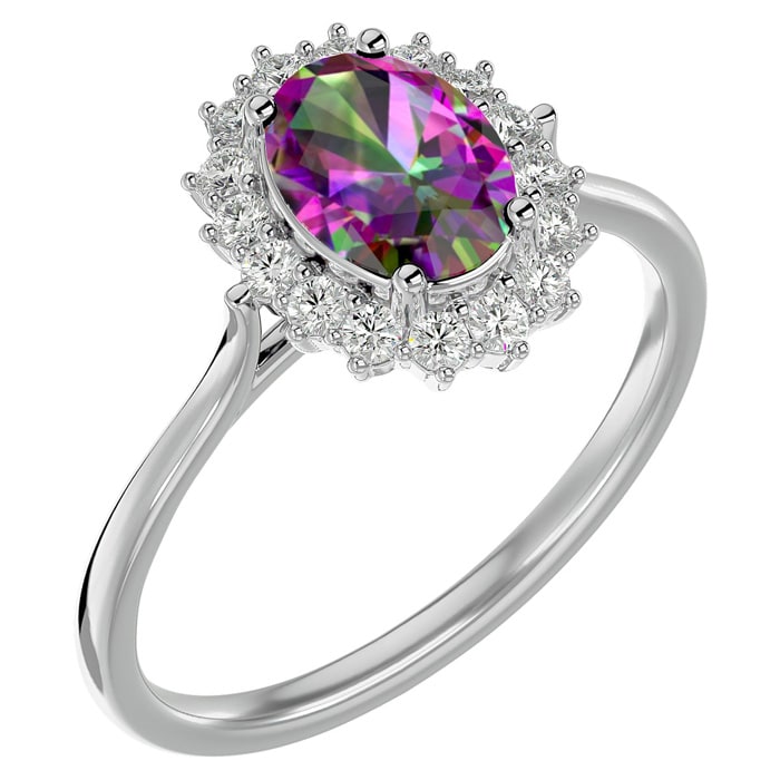 1-1/3 Carat Oval Shape Mystic Topaz Ring With Diamond Halo In 14 Karat White Gold