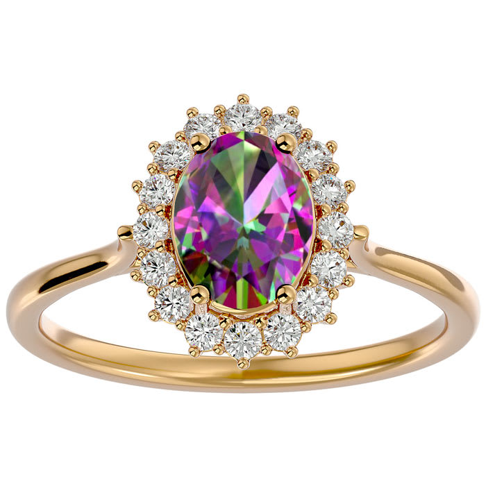 1-1/3 Carat Oval Shape Mystic Topaz Ring With Diamond Halo In 14 Karat Yellow Gold
