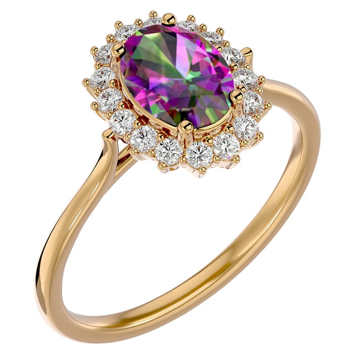 1-1/3 Carat Oval Shape Mystic Topaz Ring With Diamond Halo In 14 Karat Yellow Gold