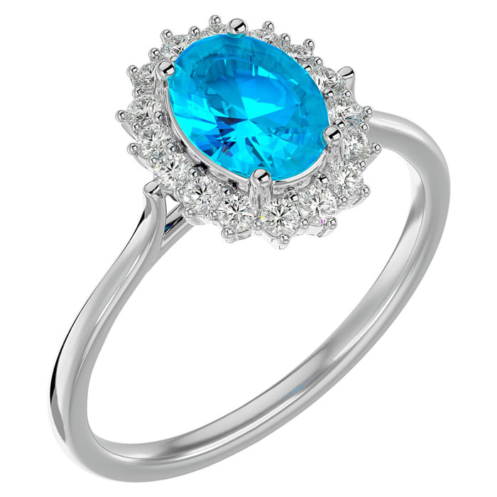 1 3/4 Carat Oval Shape Blue Topaz and Halo Diamond Ring In 14 Karat White Gold