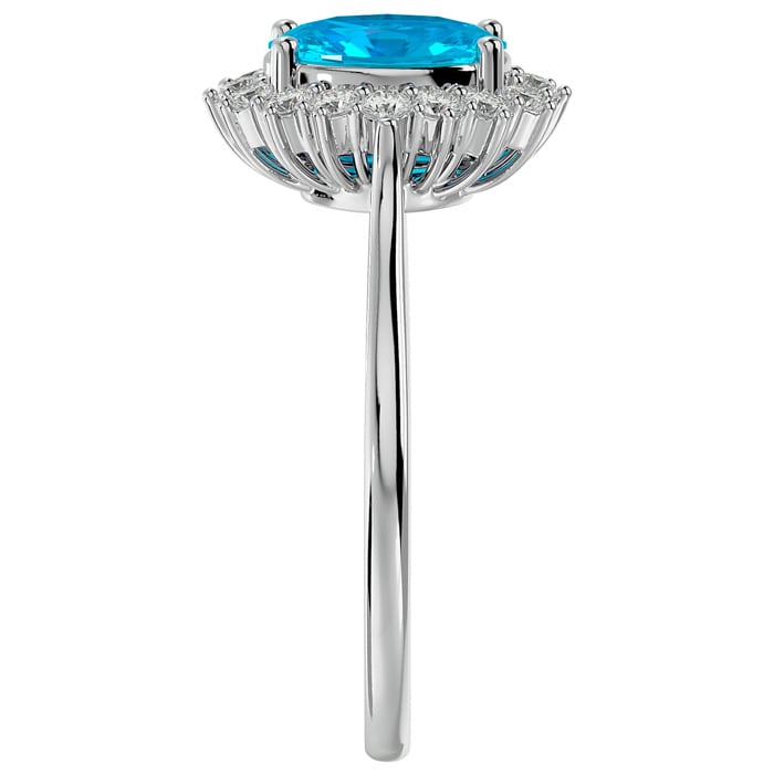 1 3/4 Carat Oval Shape Blue Topaz and Halo Diamond Ring In 14 Karat White Gold