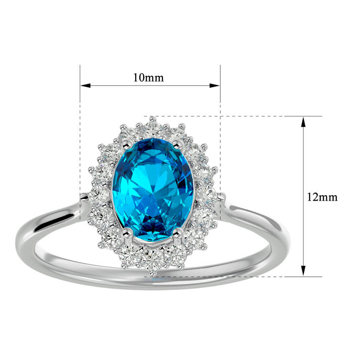 1 3/4 Carat Oval Shape Blue Topaz and Halo Diamond Ring In 14 Karat White Gold
