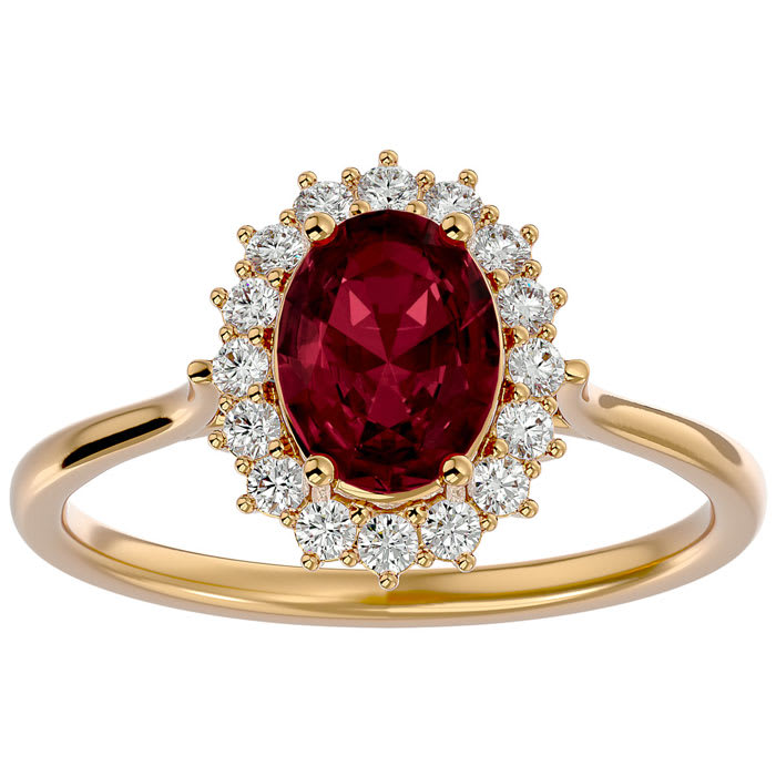 Garnet Ring: Garnet Jewelry: 1 3/4 Carat Oval Shape Garnet and Halo Diamond Ring In 14 Karat Yellow Gold