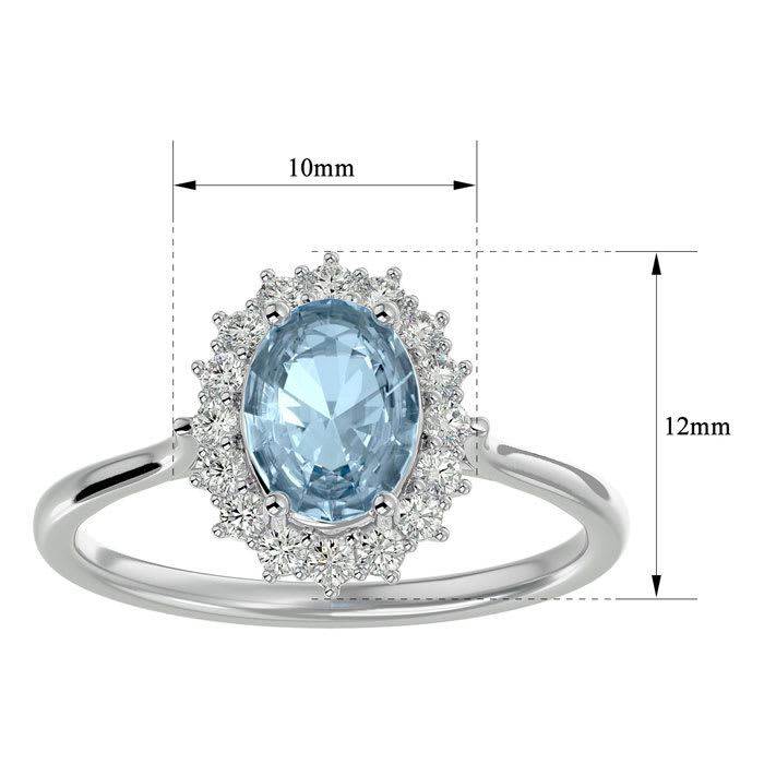 Aquamarine Ring: Aquamarine Jewelry: 1.40 Carat Oval Shape Aquamarine and Halo Diamond Ring In 14 Karat White Gold