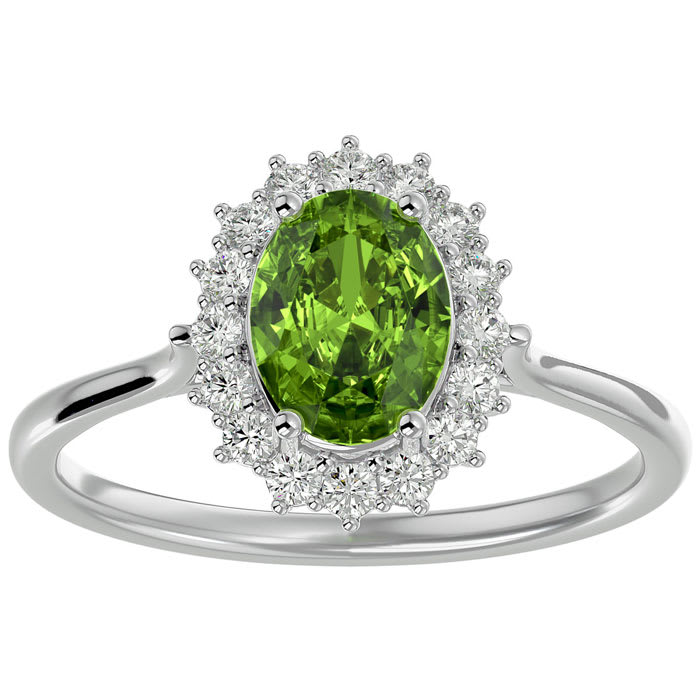 1.60 Carat Oval Shape Peridot and Halo Diamond Ring In 14 Karat White Gold