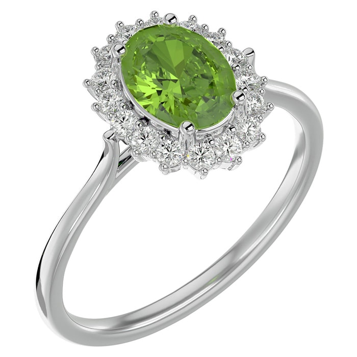 1.60 Carat Oval Shape Peridot and Halo Diamond Ring In 14 Karat White Gold
