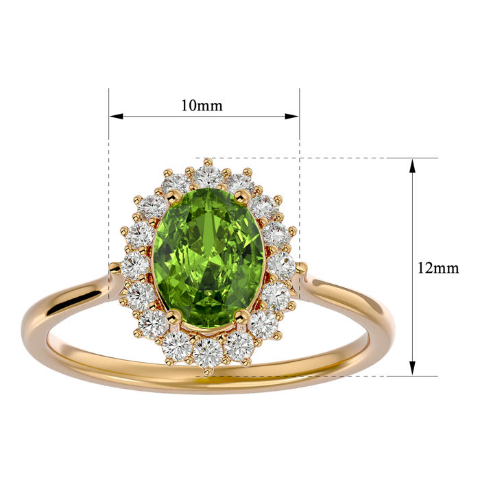 1.60 Carat Oval Shape Peridot and Halo Diamond Ring In 14 Karat Yellow Gold