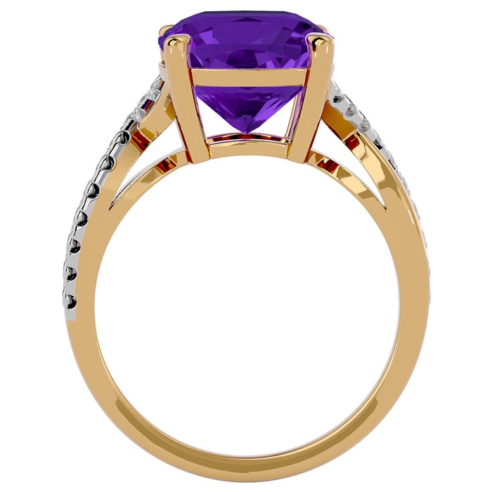 4 Carat Cushion Cut Amethyst and Diamond Ring in 10k Yellow Gold