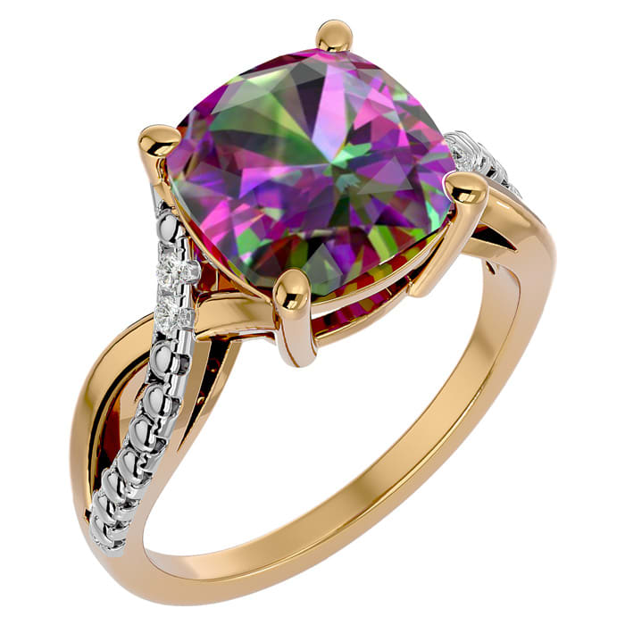 4 Carat Cushion Shape Mystic Topaz Ring With Diamonds In 10 Karat Yellow Gold