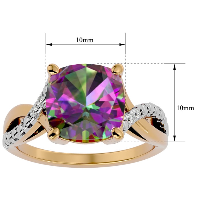 4 Carat Cushion Shape Mystic Topaz Ring With Diamonds In 10 Karat Yellow Gold