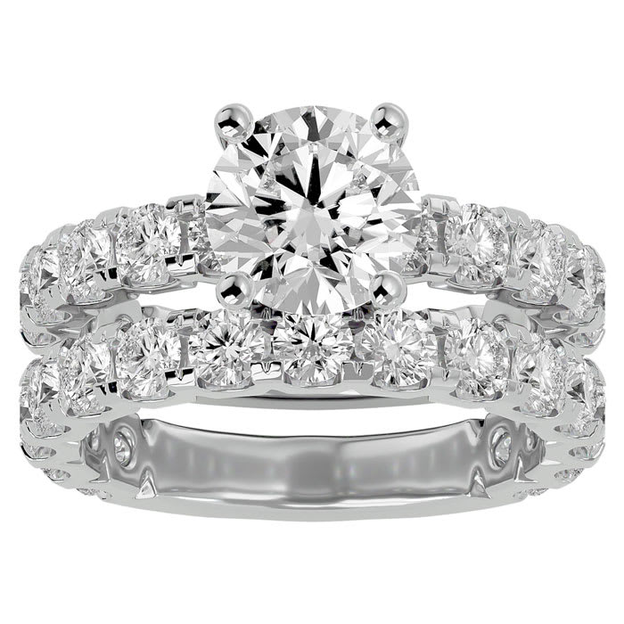Moissanite Engagement Ring; 5 Carat Round Moissanite Bridal Set In 14 Karat White Gold