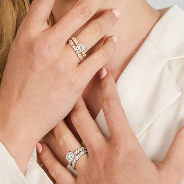 Moissanite Engagement Ring; 5 Carat Round Moissanite Bridal Set In 14 Karat White Gold