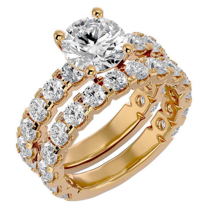 Moissanite Engagement Ring; 5 Carat Round Moissanite Bridal Set In 14 Karat Yellow Gold