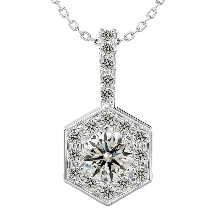 1/2 Carat Halo Diamond Necklace In 14 Karat White Gold, 18 Inches. Beautiful Pendant, Fiery diamonds, Amazing Price