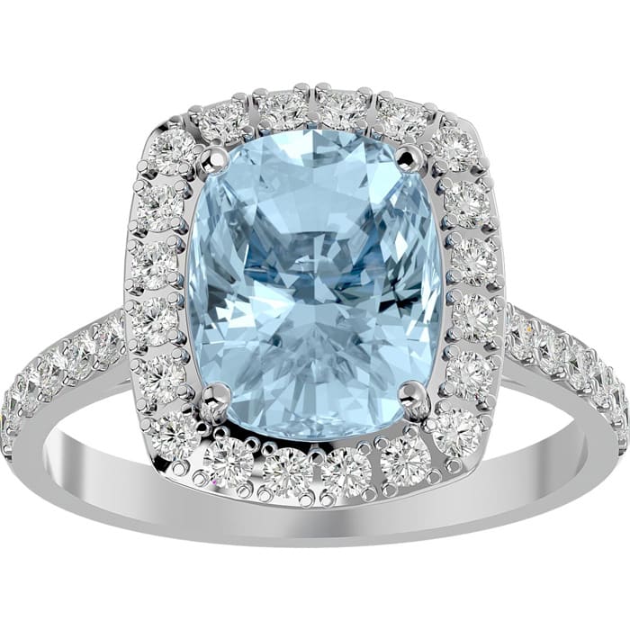 Aquamarine Ring: Aquamarine Jewelry: 2 3/4 Carat Cushion Cut Aquamarine and Halo Diamond Ring In 18K Yellow Gold