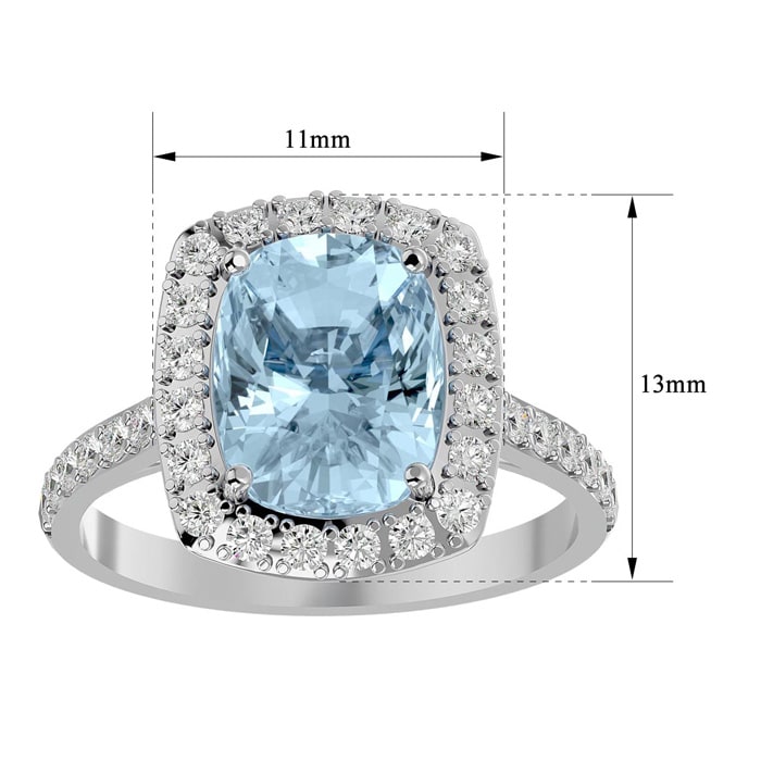 Aquamarine Ring: Aquamarine Jewelry: 2 3/4 Carat Cushion Cut Aquamarine and Halo Diamond Ring In 18K Yellow Gold